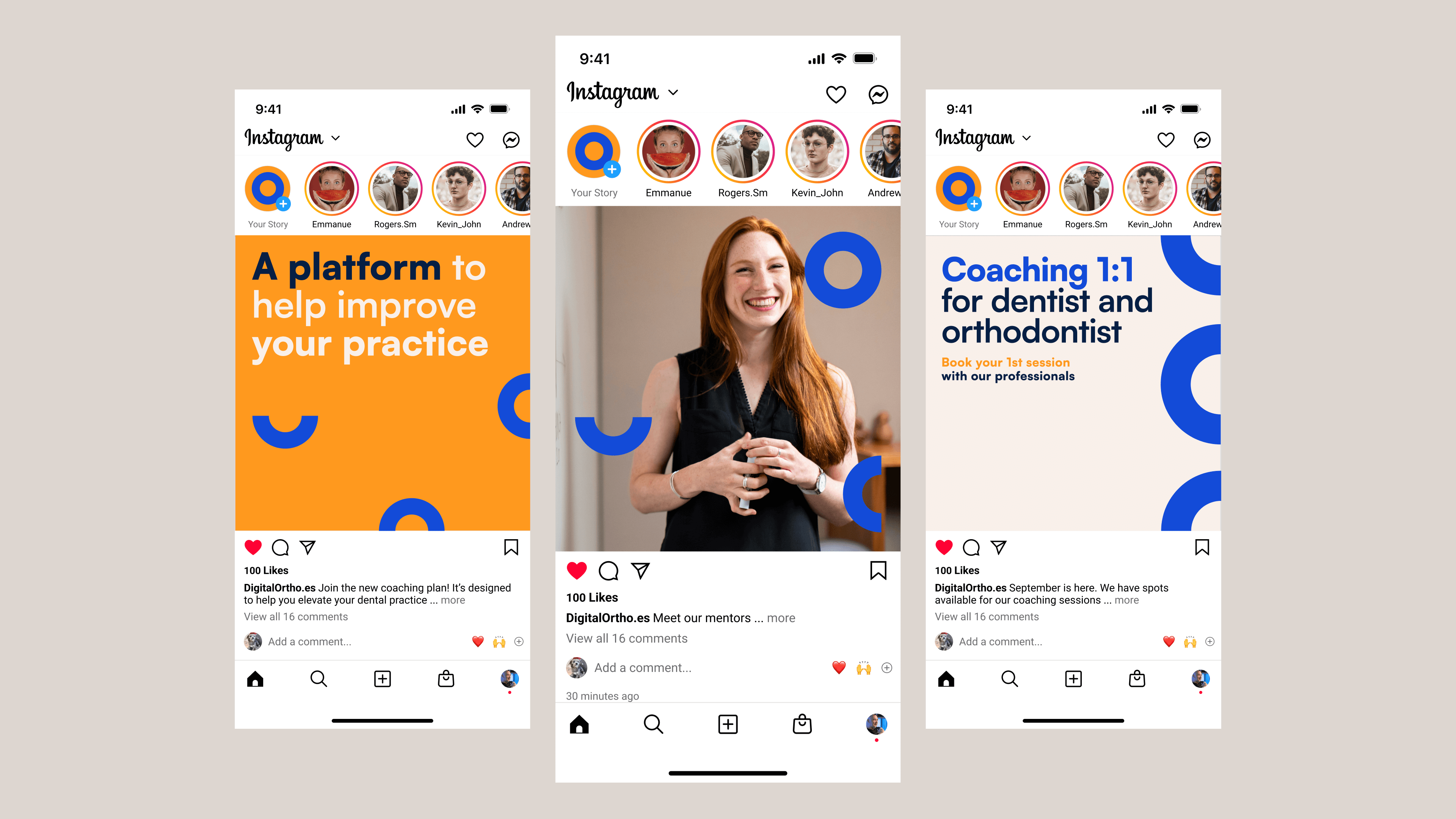 A picture of three instagram layour design for Digital Ortho Consulting by Aline